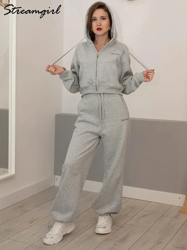 Chándales de mujer, chándal de lana de invierno, sudaderas con capucha y pantalones de chándal marrones cálidos con cremallera, conjunto para mujer, conjuntos de pantalones de terciopelo de 2 piezas, chandal mujer