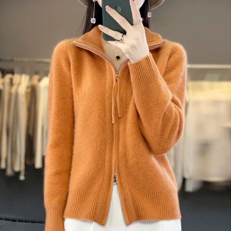 Suéter de punto de lana merina 100% para mujer, cárdigan con cuello vuelto, Tops gruesos, chaqueta suave de Cachemira con doble cremallera, Otoño e Invierno
