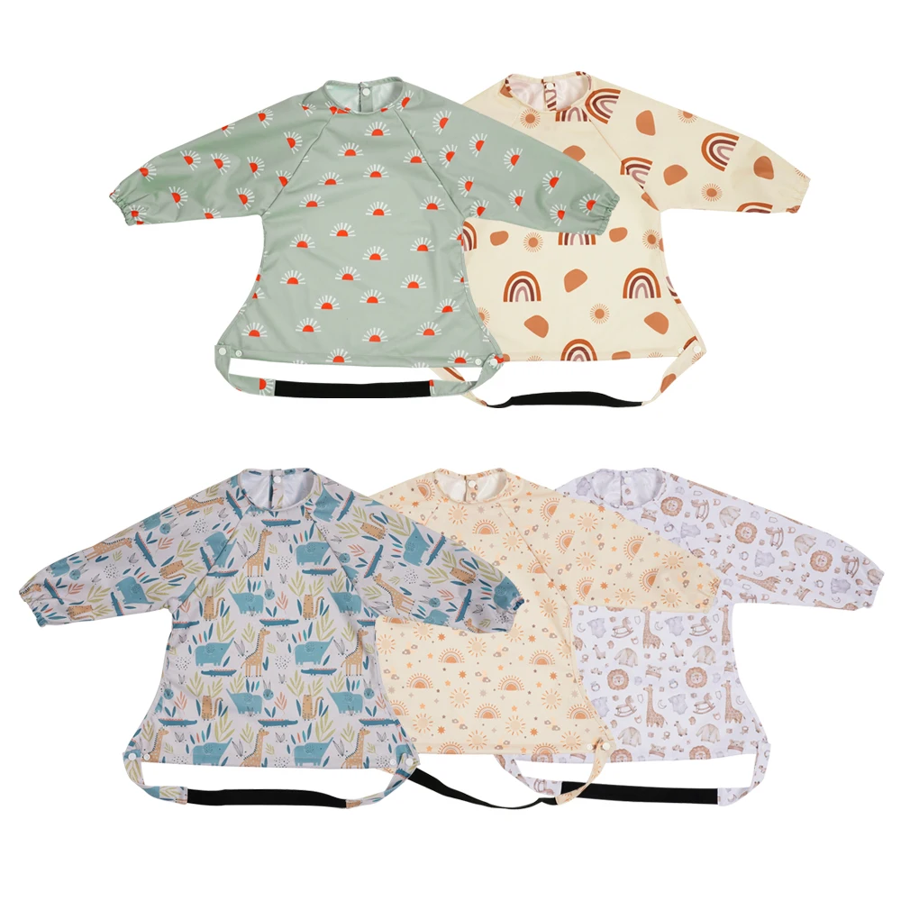 Elinfant nuevo 1 pieza uso de mesa poliéster impermeable moda impreso botones a presión diseño manga larga a prueba de desorden babero de alimentación de bebé