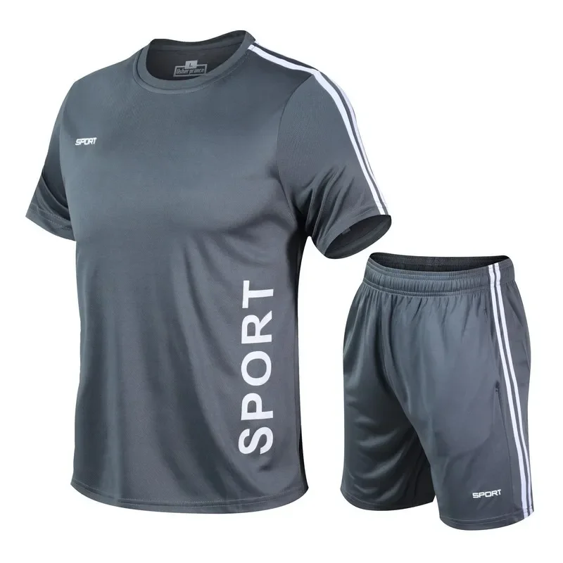Ropa deportiva para correr para hombre, camiseta con estampado de poliéster y pantalones cortos, traje deportivo de secado rápido, conjunto de 2 piezas para correr, verano 2024