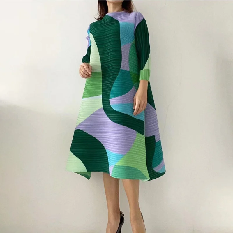 Vestido plisado con cinturón para mujer, prenda de vestir femenina con diseño geométrico de colores llamativos, de talla grande, estilo informal, a la moda, novedad de primavera, 2024