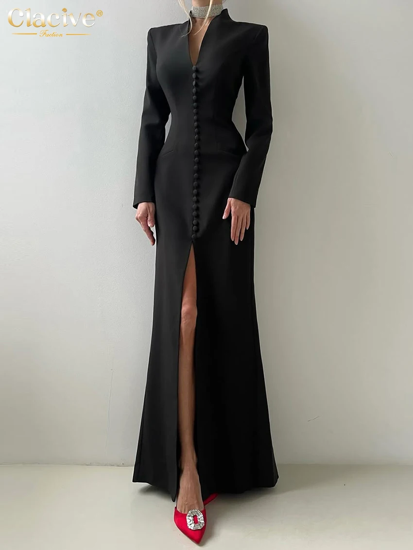 Clacive-vestido blanco ajustado para mujer, moda 2021, cuello en V, manga larga, hasta el tobillo, elegante, clásico, con abertura, para mujer