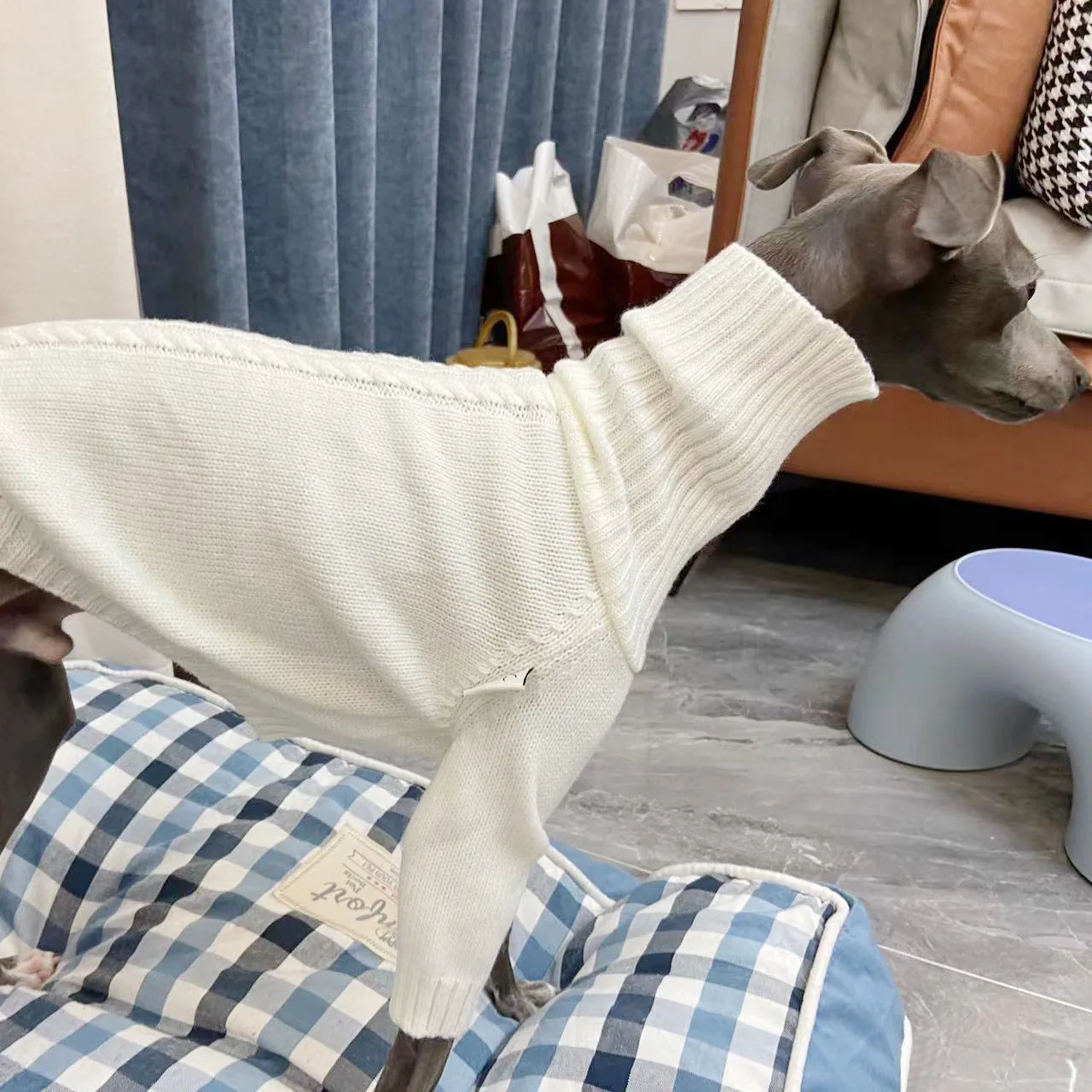 Suéter de galgo italiano, suéter de punto blanco con cuello alto Whippet, ropa cálida para mascotas