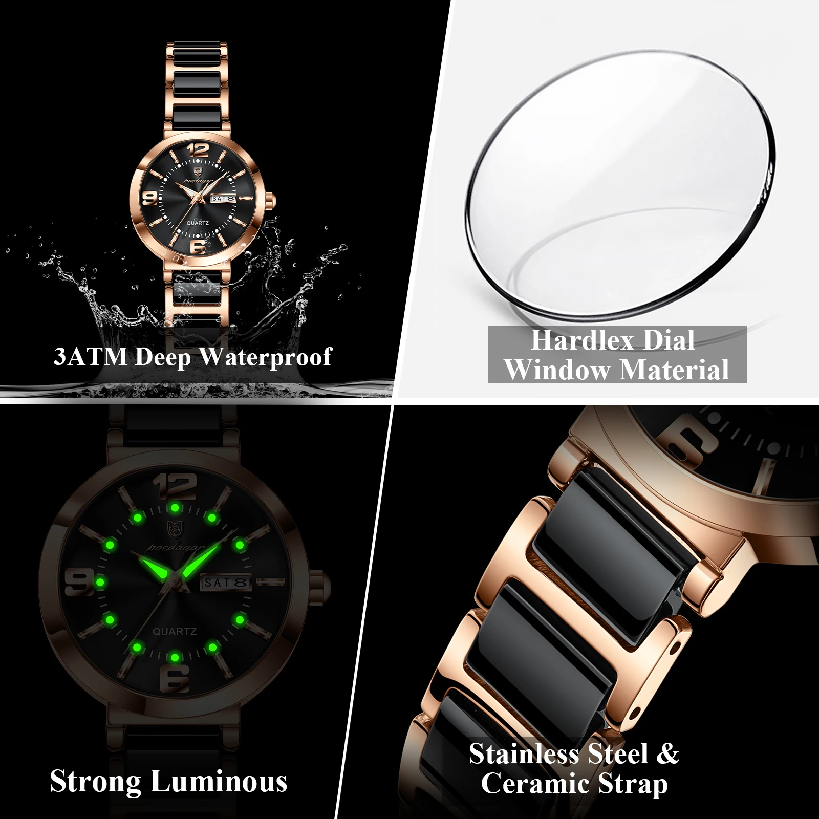 Relojes de moda POEDAGAR para mujer, reloj de lujo de cuarzo, resistente al agua, de acero inoxidable, con fecha y día de la semana, elegante reloj para mujer.