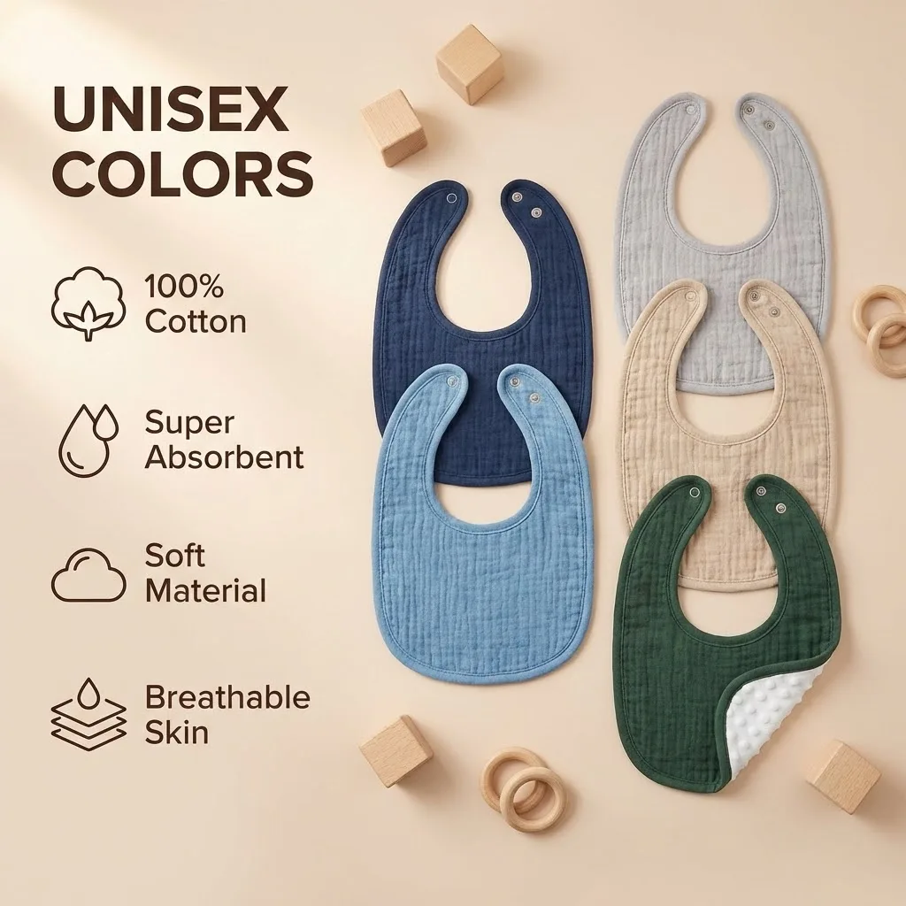 Paquete de 6 Baberos de Muselina para Bebé con Reverso de Felpa Suave con Puntos, Toalla para la Saliva con Bolsillos Absorbentes, para Niños y Niñas