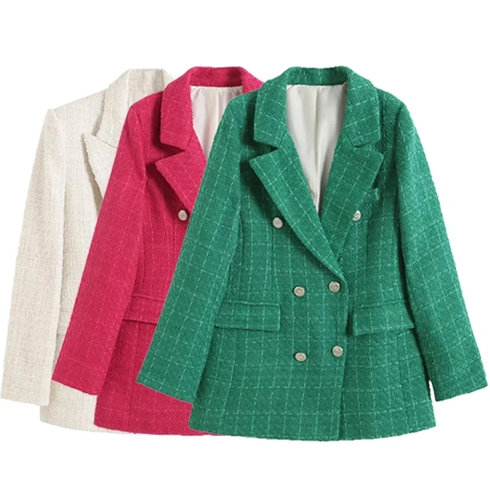 Traje texturizado solapa manga larga doble fila botón bolsillo decoración primavera y otoño nueva chaqueta de traje versátil para mujer