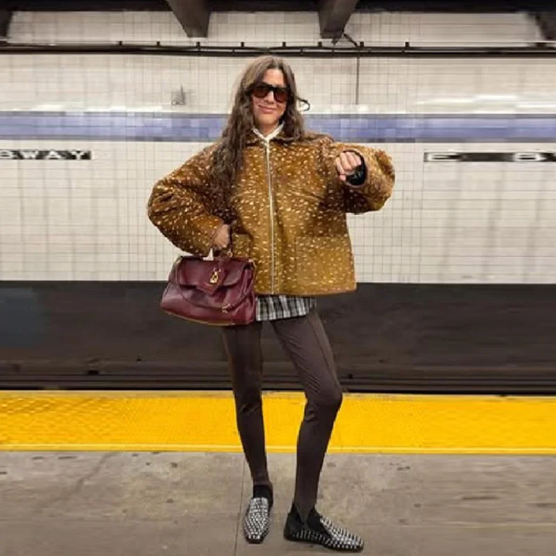 Chaqueta Elegante con Estampado de Animalitos para Mujer, Solapa, Manga Larga, Abrigo Cálido, Estilo Casual para Exteriores, Ropa de Calle, Novedad 2026