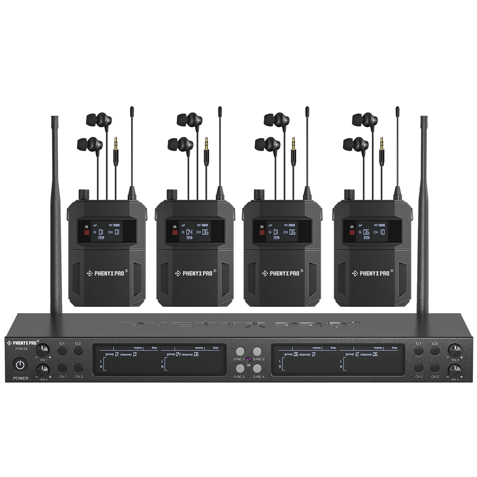 Sistema de Monitoreo Inalámbrico In-Ear Phenyx Pro PTM-33 de 4 Canales Mono con Soporte de Rack para Iglesia y Bodas