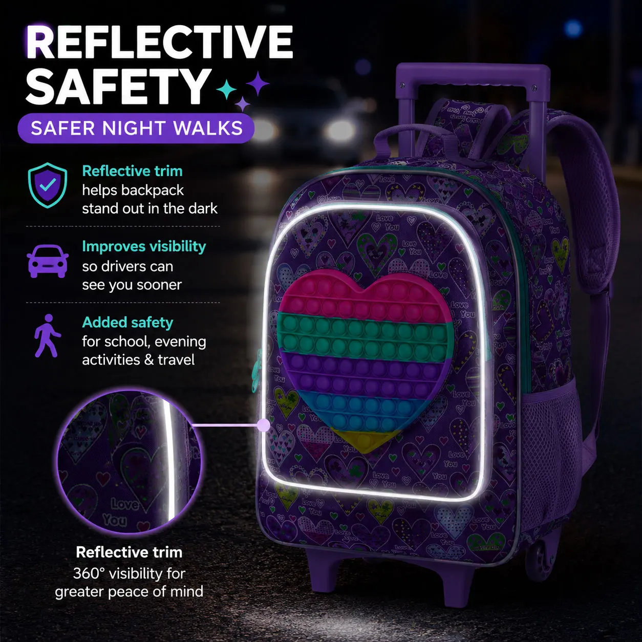 Mochila con ruedas de 3 piezas para niñas, mochila con ruedas para niños, mochila escolar con ruedas y bolsa de almuerzo - Corazón morado
