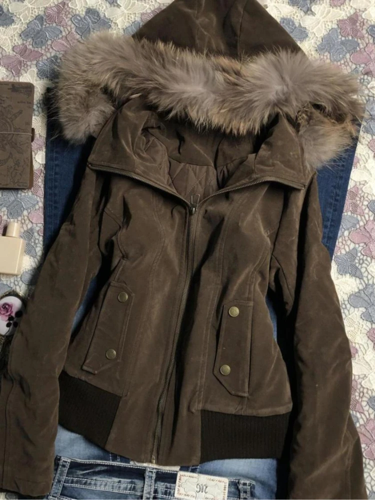 Chaqueta con capucha Harajuku de moda Vintage americana para mujer, abrigo corto ajustado con cuello de piel marrón, ropa de calle informal, prendas de vestir exteriores elegantes
