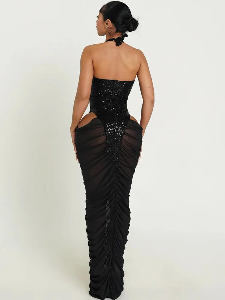 Vestido Maxi de Fiesta Sexy con Lentejuelas Brillantes para Mujer, de Lujo, Estilo Celebridad, con Malla Transparente, Retazos y Aberturas, Formal, Fruncido y Ajustado al Cuerpo