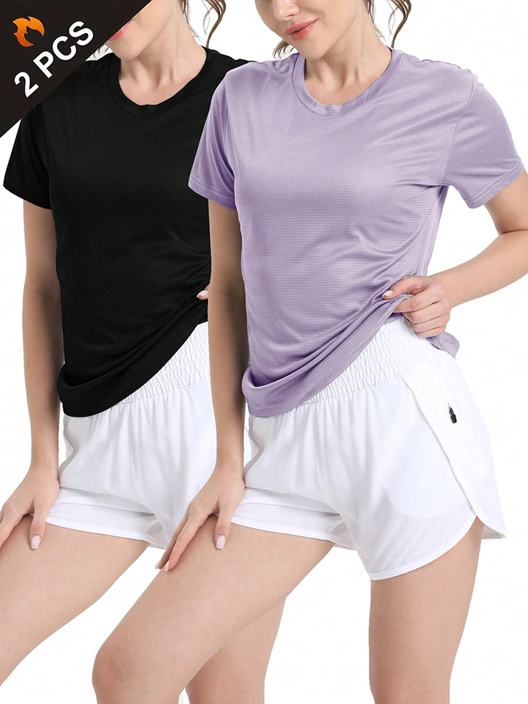 Camiseta deportiva ultraligera de secado rápido para mujer, Top ligero transpirable para entrenamiento físico, entrenamiento, correr y gimnasio, 2 uds.