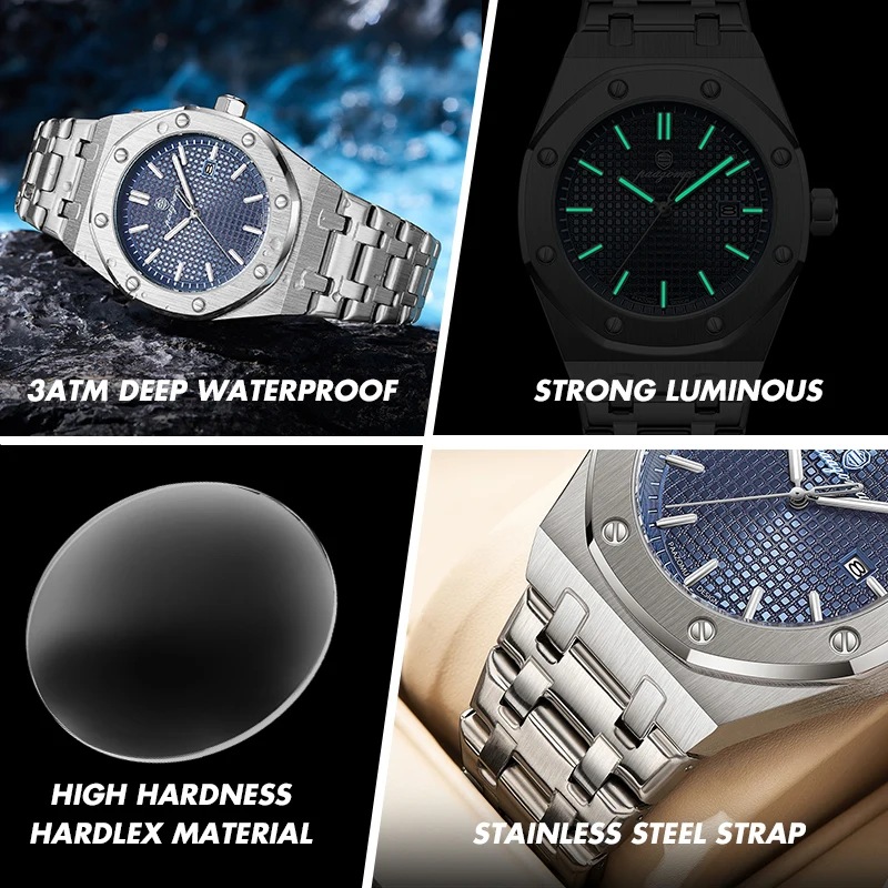 Reloj de cuarzo PAAZOMU cuadrado de lujo para hombre, reloj resistente al agua con fecha luminosa para hombre, relojes de negocios de acero inoxidable de alta calidad para hombre