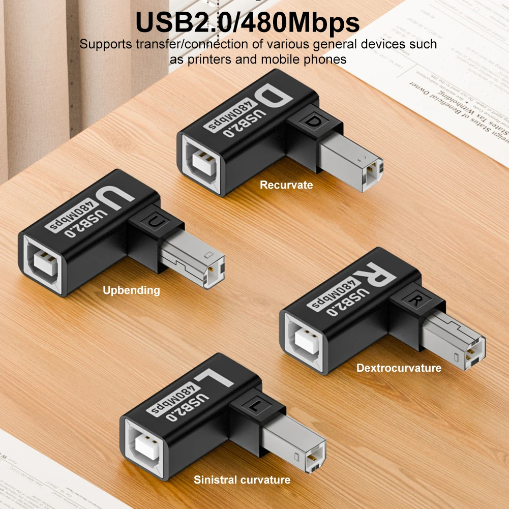 Adaptador de impresora USB 2,0 macho a hembra, convertidor de enchufe de extensión para Escáner de impresora, 90 grados, USB B, 2,0