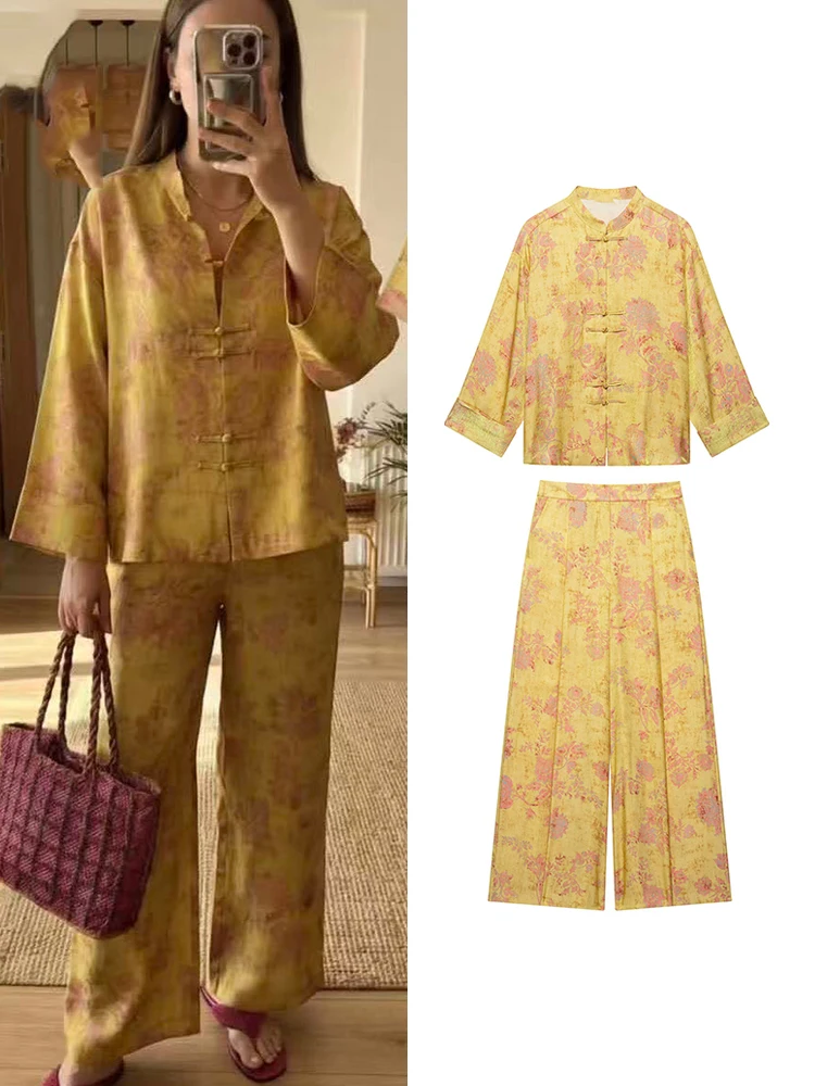 Conjunto de Pantalones Anchos Vintage para Mujer 2026, Estilo Chino, Camisa de Manga Larga con Cuello Alto y Botones Tipo Rana, Pantalones Holgados con Estampado, Conjunto de Dos Piezas