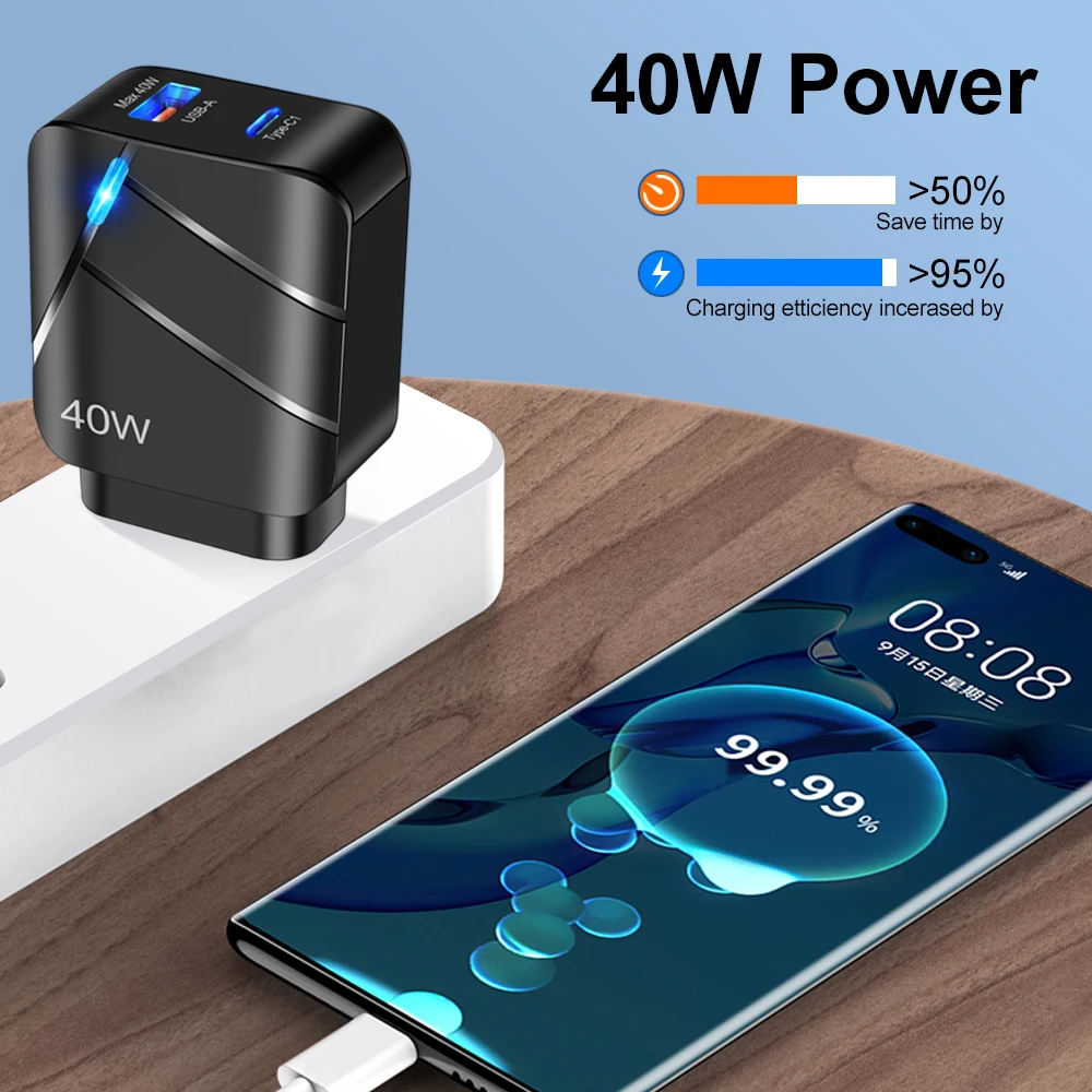 Total 40W PD USB C cargador carga rápida QC 3,0 adaptador de cargador de pared para iPhone 14 13 Samsung Xiaomi cargador USB carga rápida