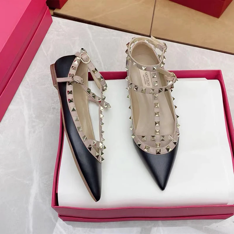 Zapatos planos de lujo para mujer, de marca de lujo, con remaches, de diseñador, con punta en pico y correa al tobillo, informales y cómodos.