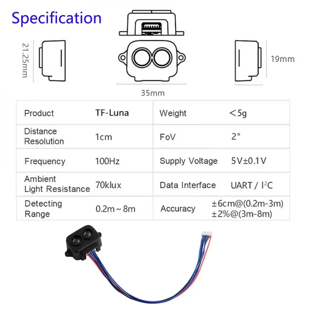 Módulo de Sensor de alcance TF-Luna Lidar, Sensor de telémetro, módulo Micro de rango de un solo punto para Arduino Pixhawk 5V UART IIC