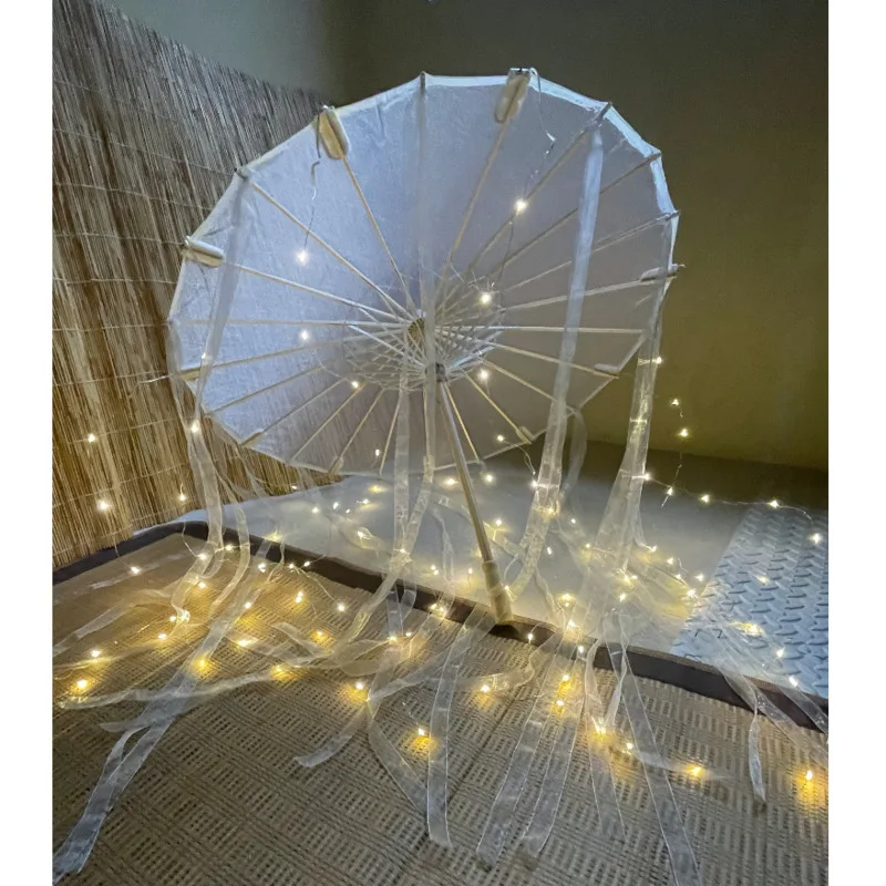 Paraguas LED chino japonés de hilo de papel engrasado, tela de seda, disfraz, paraguas de princesa antigua, paraguas artesanal blanco para Drama, Cosplay