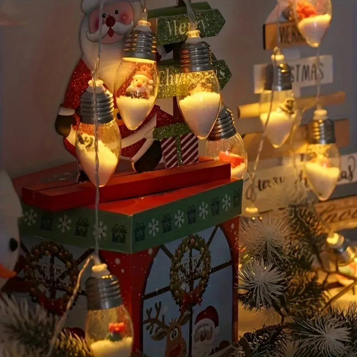 1pc10/20 LED bola de nieve de Navidad bombilla transparente luces de cadena con Navidad Santa Claus muñeco de nieve árbol regalos mezcla de luz alimentada por batería
