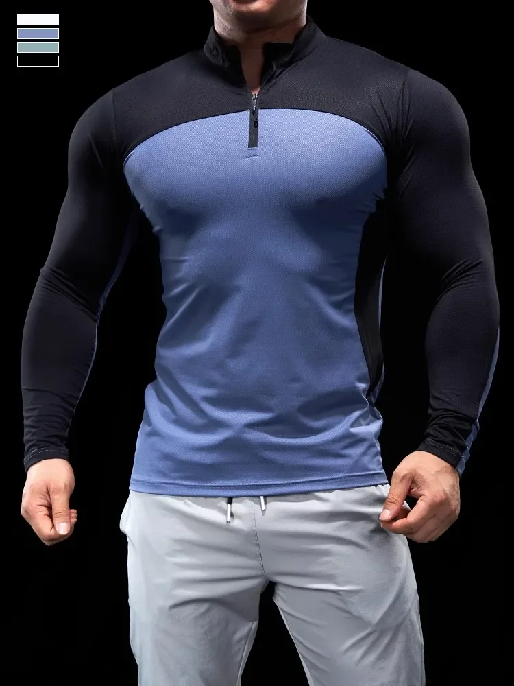 Medias de Otoño Invierno para hombre, ropa de Fitness, camisas POLO, ropa para correr con media cremallera, ropa deportiva elástica de secado rápido de manga larga fina