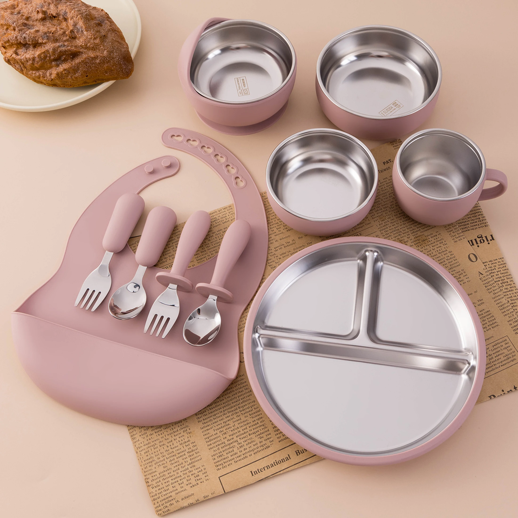 Juego de alimentación infantil de Color para niños, vajilla de silicona de acero inoxidable con plato y cuenco desmontable, utensilios de destete para bebé, 10 Uds.
