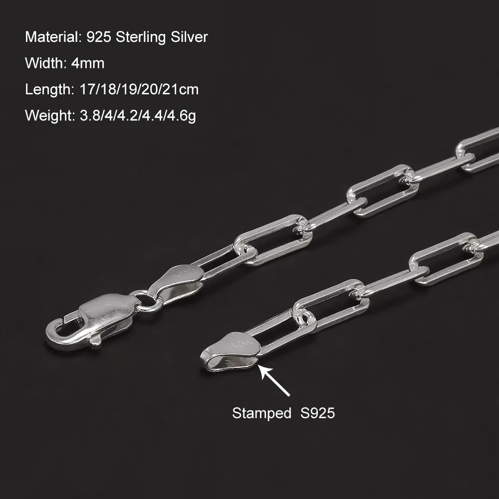 Sólida plata 925, pulsera de cadena de eslabones con clip de papel de 4mm para hombres y mujeres, cadena de mano con Clip de papel, joyería Punk Simple de moda