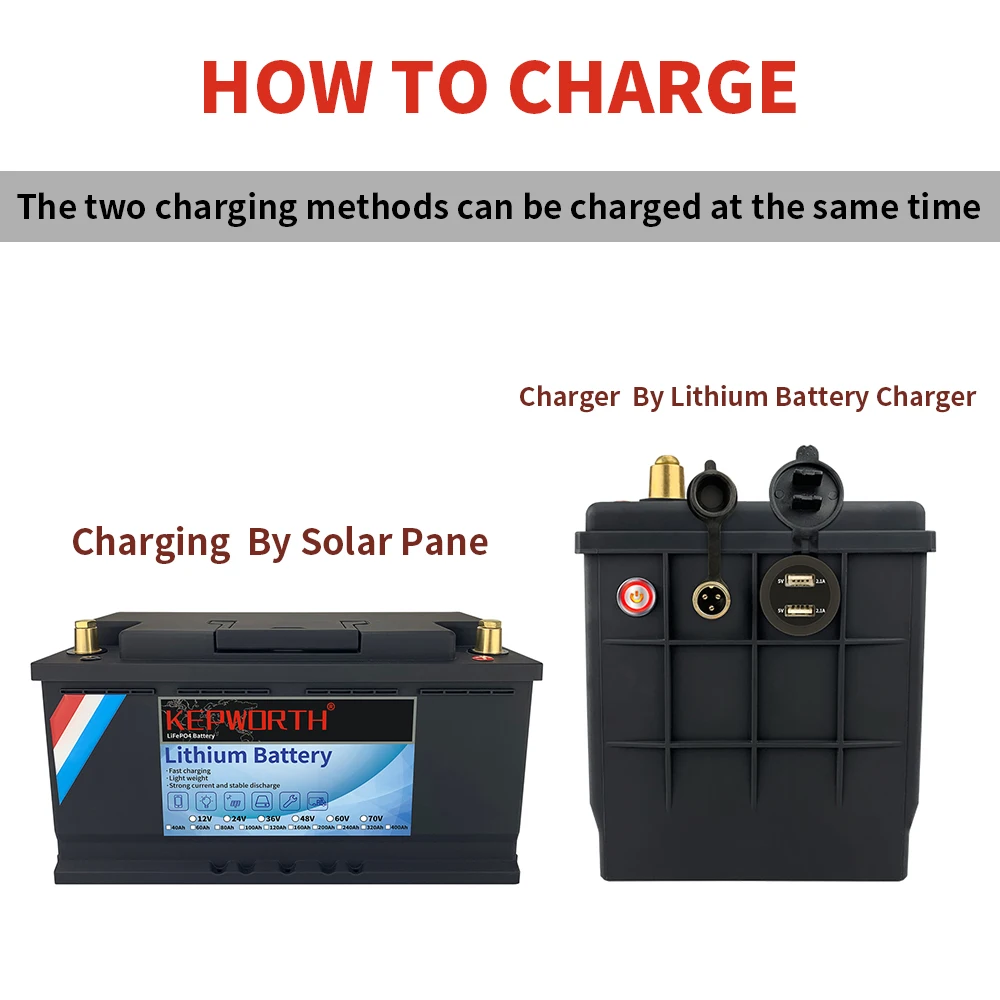 Batería de fosfato de hierro y litio KEPWORTH LiFePO4 de 12V 24V con BMS 50 100 120 135 300Ah para carrito de golf EV RV almacenamiento de energía Solar