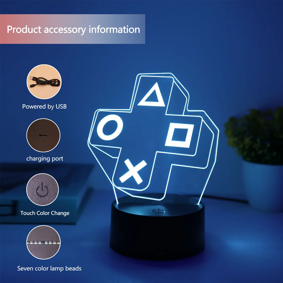 1 unidad de experiencia de juego, botón cruzado, luz nocturna 3D táctil, luz LED colorida, decoración de dormitorio, luz de ambiente