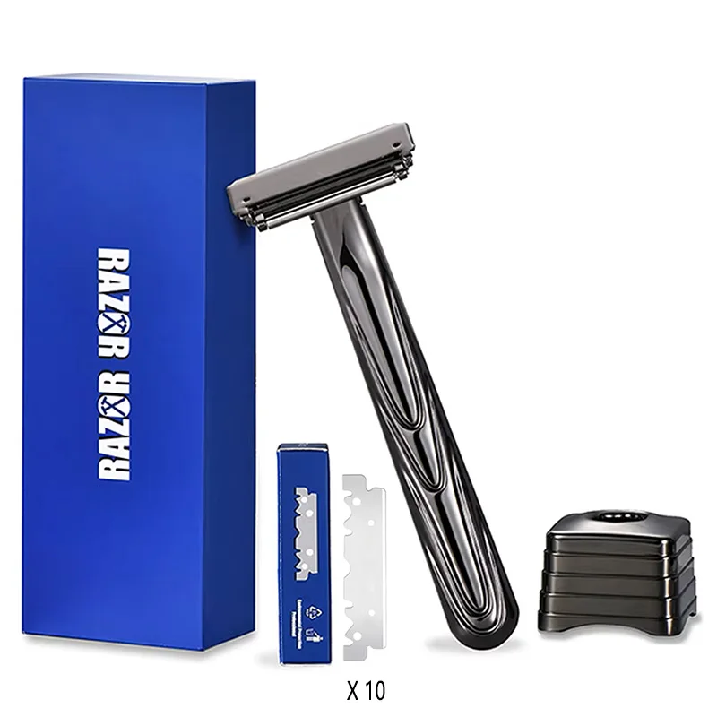 Maquinilla de Afeitar de Seguridad de Doble Hoja con Cabezal Pivotante, Maquinillas de Afeitar de Metal Reutilizables para Hombre con 10 Hojas y Soporte, Afeitado Suave y Limpio