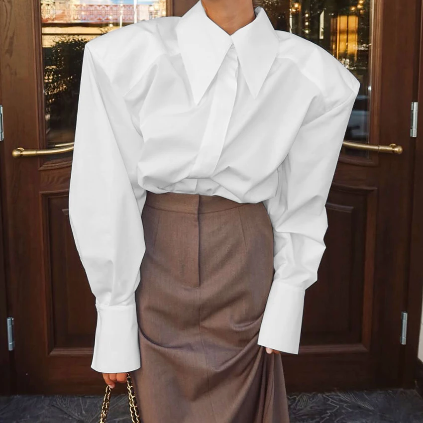 Camisa de Manga Abullonada para Mujer, Blusa Elegante de Otoño para Oficina, Estilo Chic Urbano con Cuello Camisero