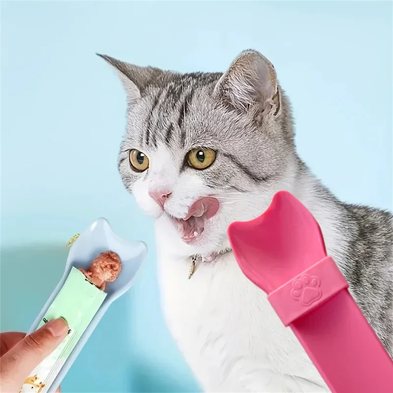 Cuchara para apretar con tira para gatos, para golosinas húmedas y lickable, puré de carne, sin desorden, manos libres, cuchara para comida para mascotas, alimentador portátil antiderrames para gatos