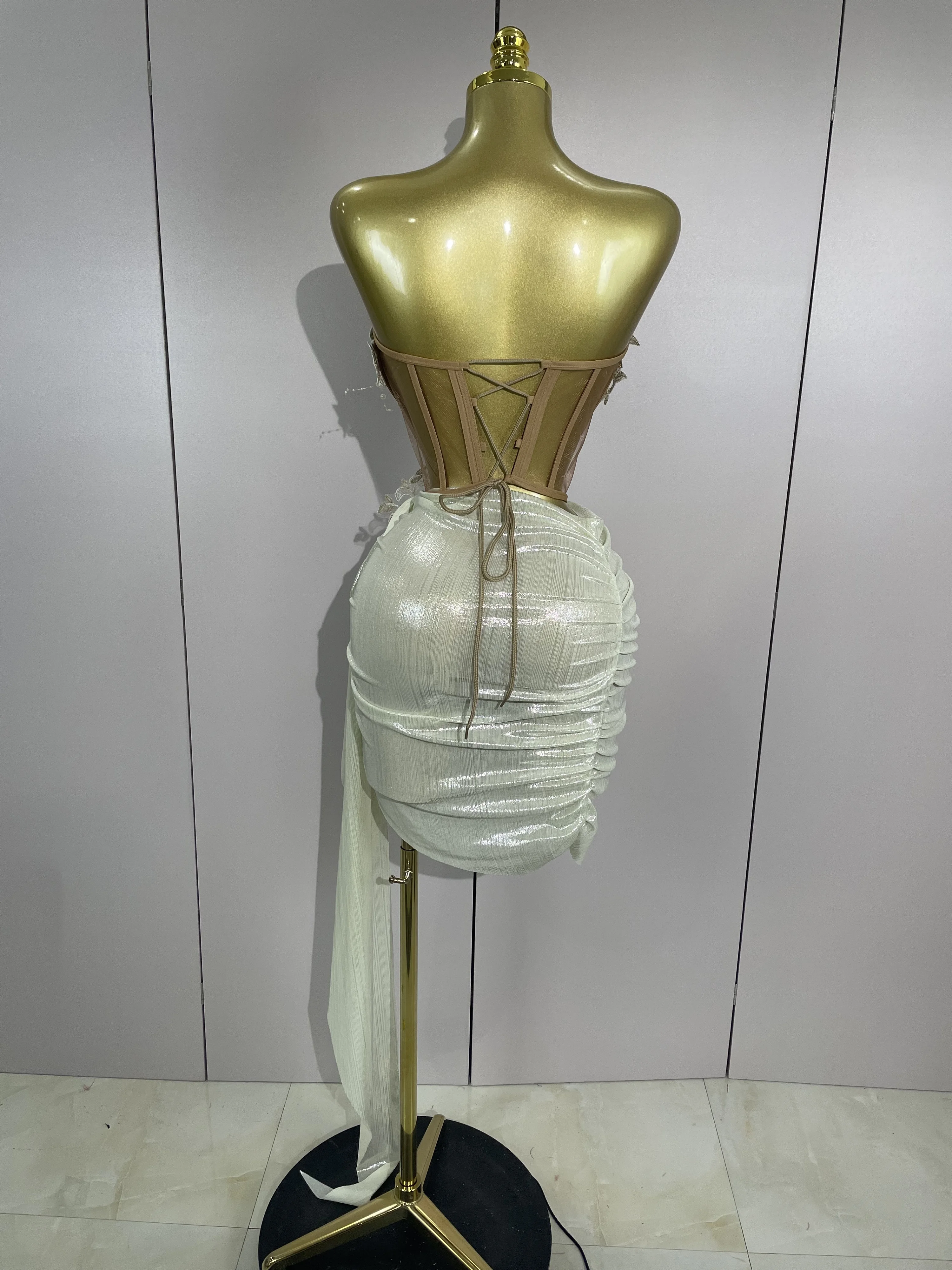 STOCK de lujo con perlas brillantes, falda asimétrica Sexy, conjunto de 2 uds., traje de actuación de bailarina de escenario para fiesta de cumpleaños y noche para mujer 2025
