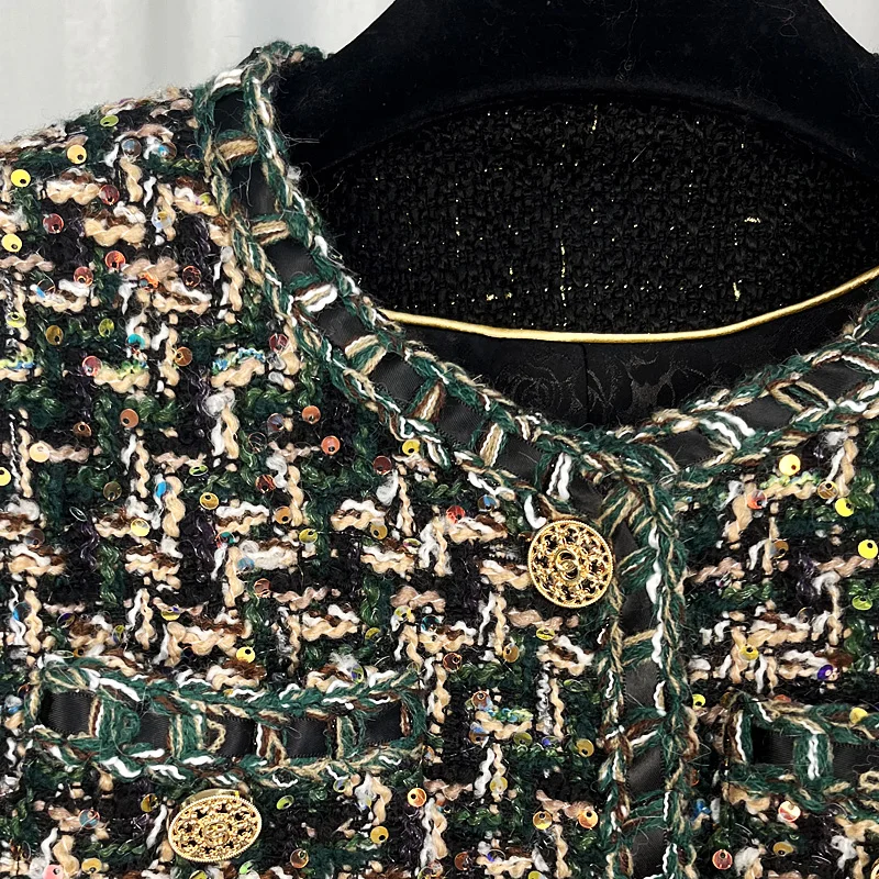 Nueva moda retro celebridad industria pesada lentejuelas temperamento diseño cuello redondo solo pecho pequeña chaqueta con fragancia