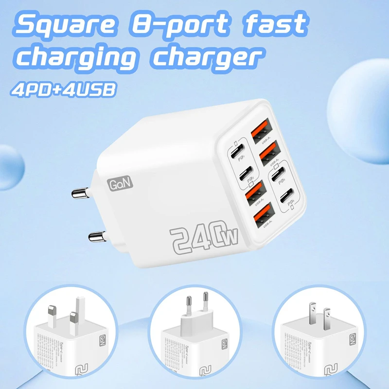 Cargador Multi-Puerto Lenovo 2026 de 240W, Carga Súper Rápida para Smartphone, 4 Puertos USB y 4 Tipo-C, Adaptador para UE, EE. UU. y Reino Unido