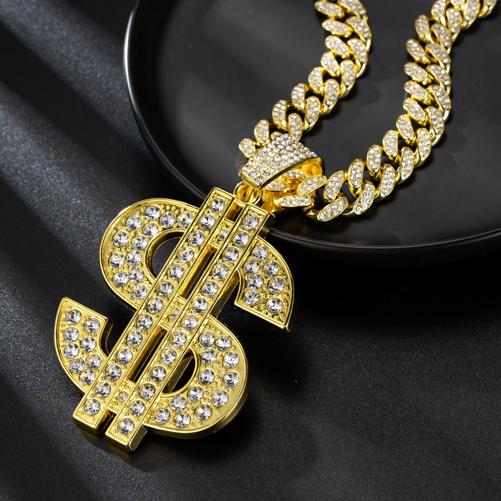 Collar con colgante de dólar de Hip Hop a la moda con cadena cubana de 13mm, collares con signo de dinero de dólar estadounidense, joyería Punk de Rap Rock para regalo de hombre