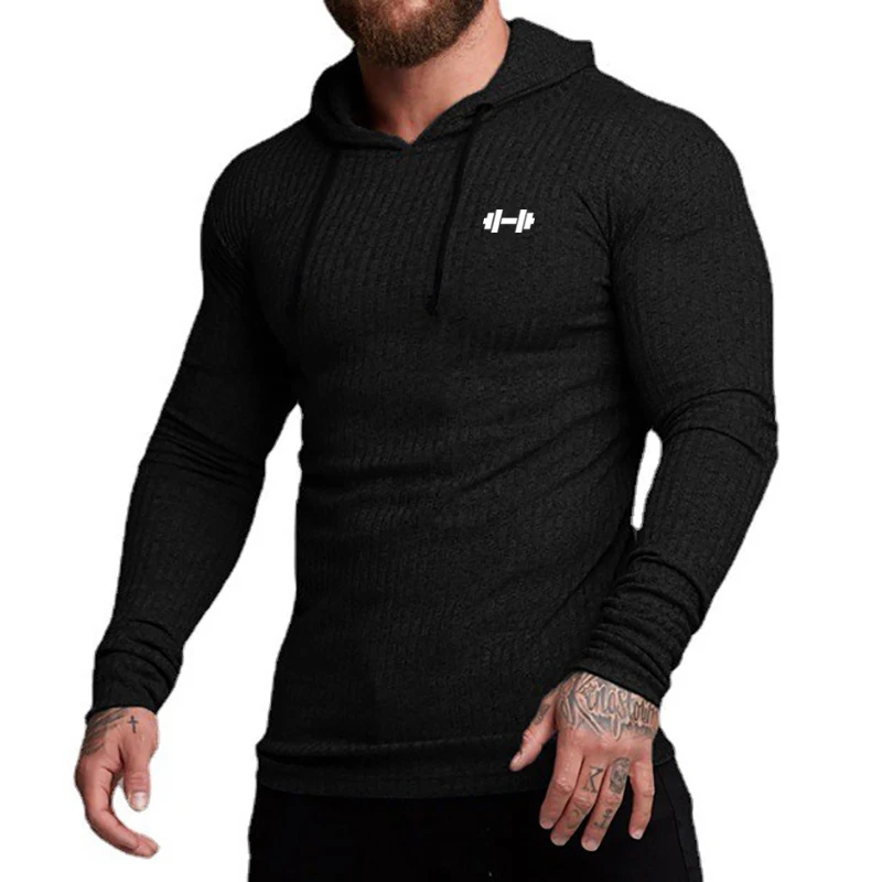 Otoño transpirable de secado rápido de punto con capucha camisa hombres Fitness deporte de manga larga Sudadera con capucha gimnasio culturismo músculo Slim Fit jerseys