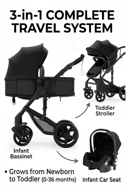 Cochecito de Bebé Multifuncional 3 en 1, Silla de Paseo, Sistema de Viaje Plegable, Diseño de Paisaje Alto, Asiento Reversible, Ruedas con Suspensión Todoterreno, Asiento Reclinable Cómodo, Capota con Protección UV, Marco Ligero con 6 Regalos Gratis