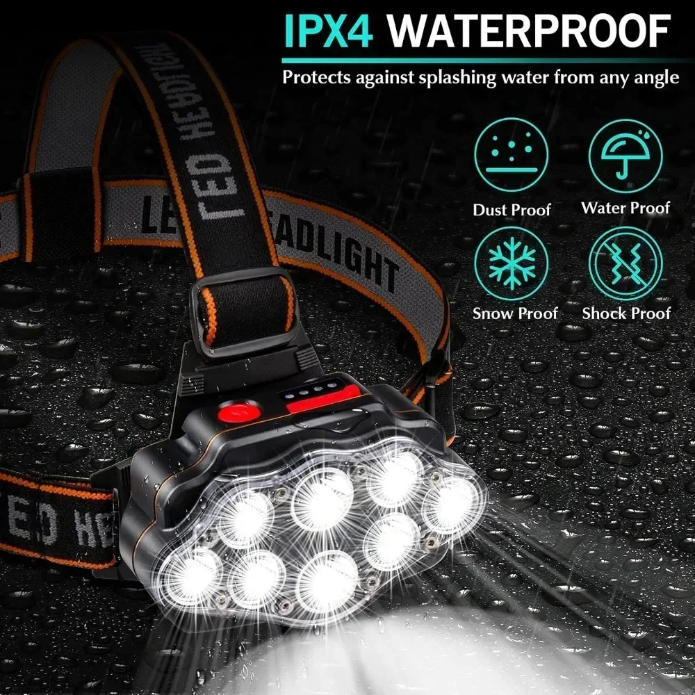 Potente linterna de cabeza recargable de 8LED para pesca, faro Led, faros de Camping, linterna de caza, linternas delanteras para senderismo