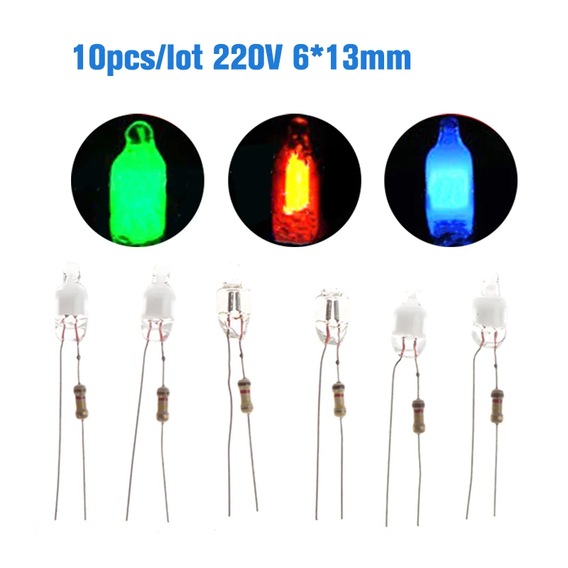 10 Uds luz indicadora de neón verde rojo azul señales 6mm lámpara de neón brillo 2 alambre de cobre 6X13mm bombillas indicadoras de neón