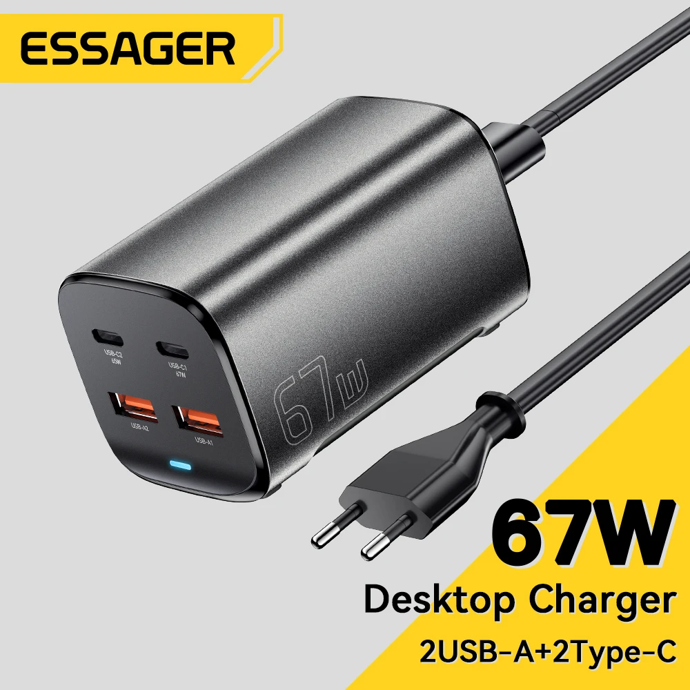 Essager 67W USB C GaN cargador de escritorio carga rápida 4,0 QC 3,0 PD tipo C carga rápida para MacBook Samsung POPC iPhone 15 portátil