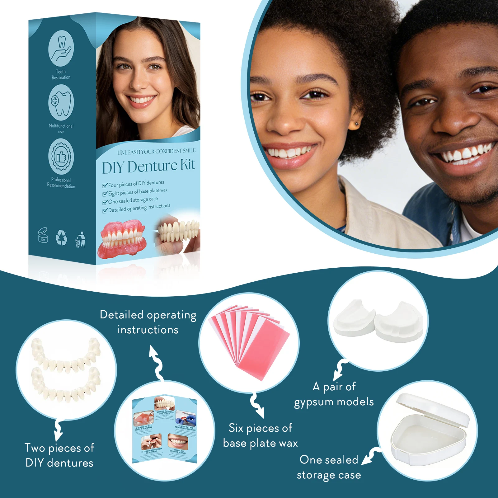 Kit de Dentadura Postiza Temporal DIY con Dientes Superiores e Inferiores, Tiras de Cera y Modelos de Yeso, Herramienta Reutilizable para Restauración y Reparación Dental