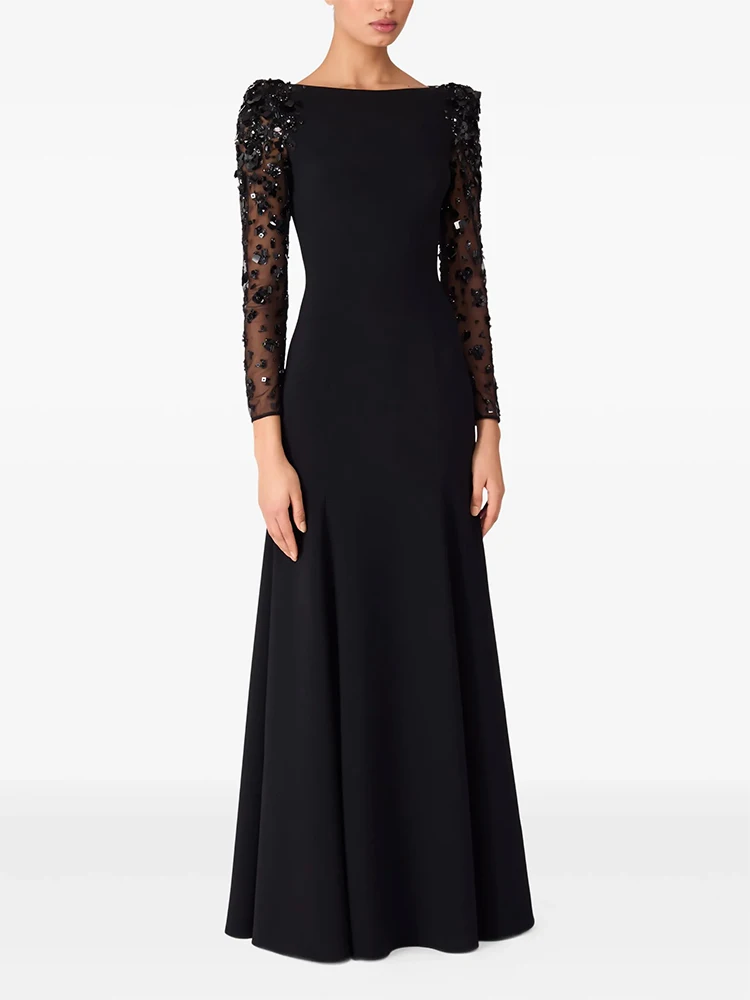 HIGH STREET Última Moda 2026 Vestido de Fiesta de Diseñador para Mujer, Vestido Largo Maxi de Manga Larga con Malla Empalmada y Diamantes con Cuentas