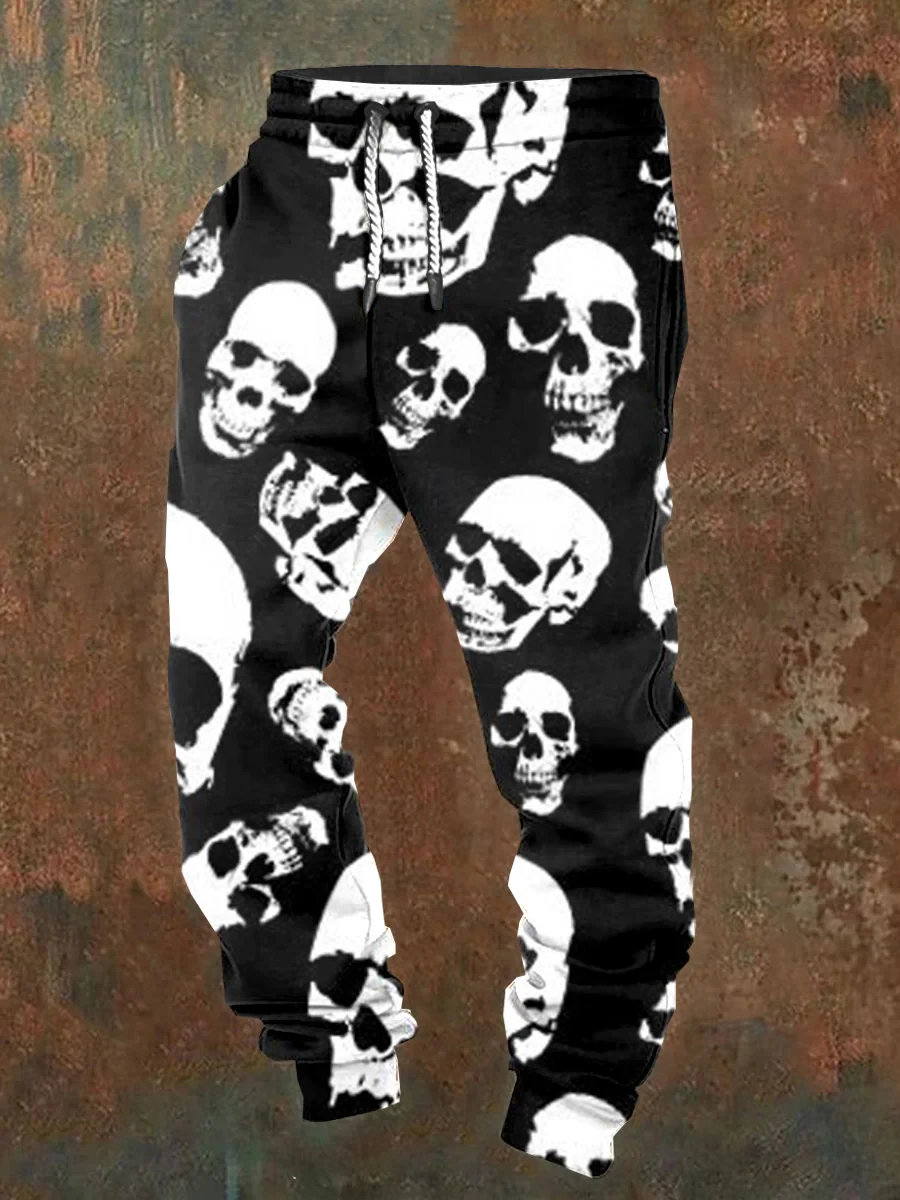 Pantalones jogging informales para hombre con cordones y estampado de calaveras de Halloween, adecuados para uso al aire libre, moda de otoño e invierno.