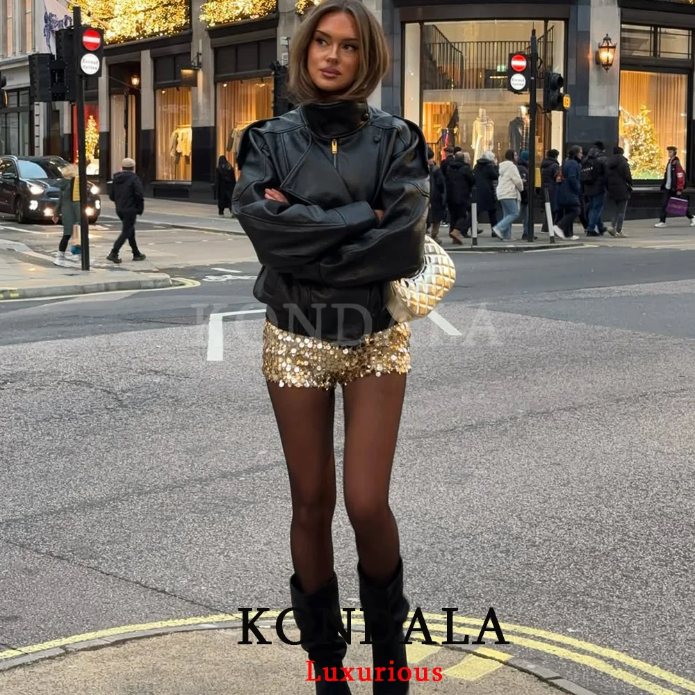KONDALA, chaquetas informales elegantes de cuero negro para mujer, abrigos elásticos de manga larga con botones, abrigos de gran tamaño a la moda, ropa de calle de primavera 2026
