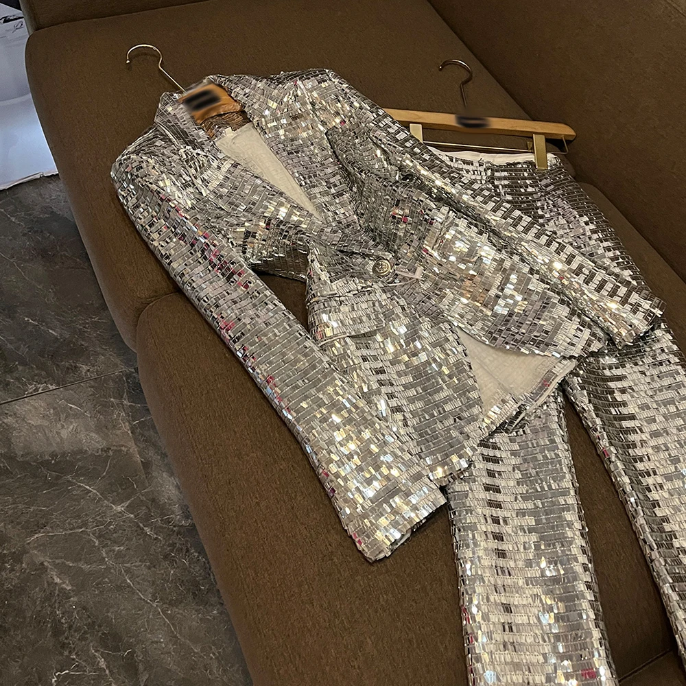 TWOTWINSTYLE, conjuntos de dos piezas de lentejuelas lisas para mujer, solapa, manga larga, pantalones de cintura alta, conjunto elegante, moda femenina KSE527441