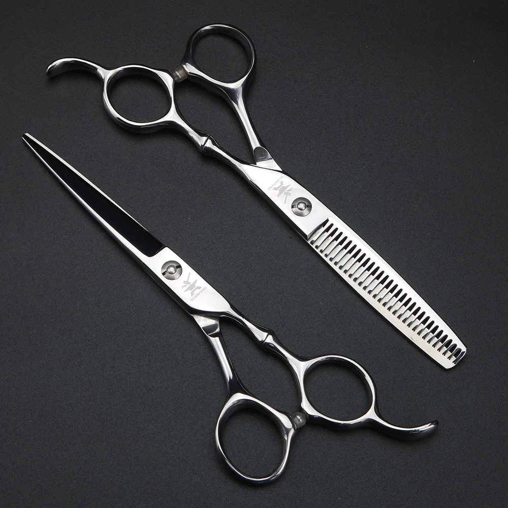 XUANFENG-Tijeras para el cabello con mango plateado, tornillos dorados de acero 9cr18, tijeras de corte y juego de tijeras de adelgazamiento para peluquero de 6 pulgadas