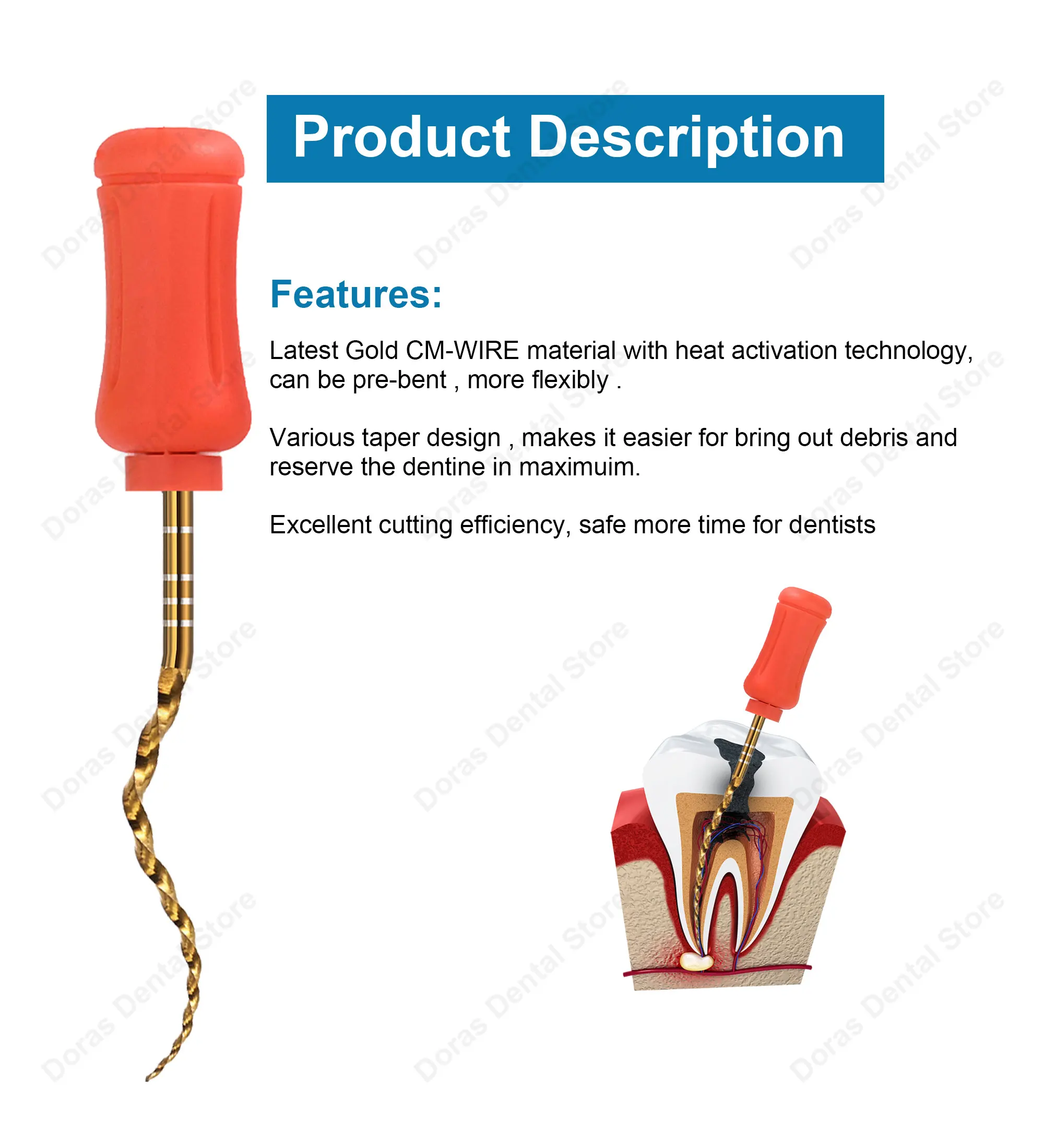 Instrumentos Dentales: Limas Flexibles Doradas para Endodoncia, Limas Rotatorias Endo Doradas, Limas Endodónticas de Titanio NITI de 21/25mm para Odontología