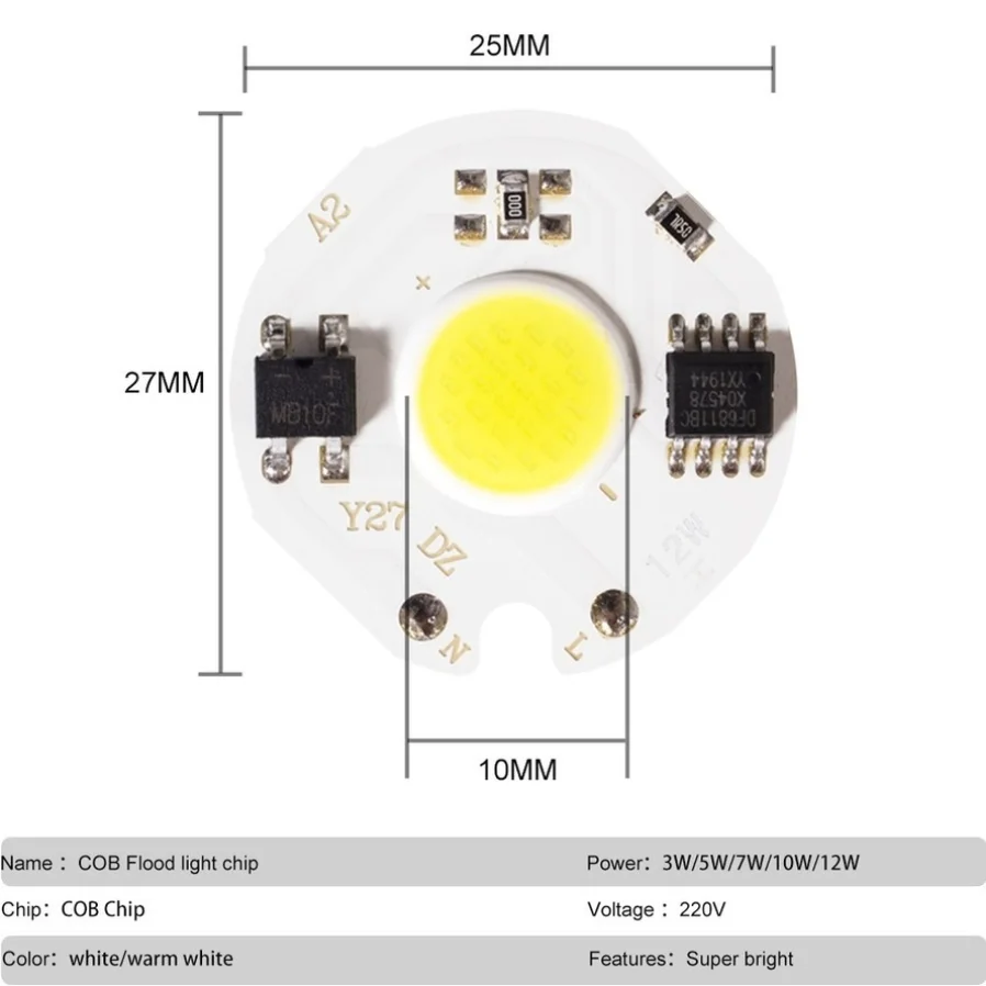 Chip LED COB MunLii sin Necesidad de Controlador, 220V, 3W 5W 7W 10W 12W, Lámpara con Chip LED, Bombilla LED Inteligente con IC para Proyector, Blanco Frío, Blanco Cálido
