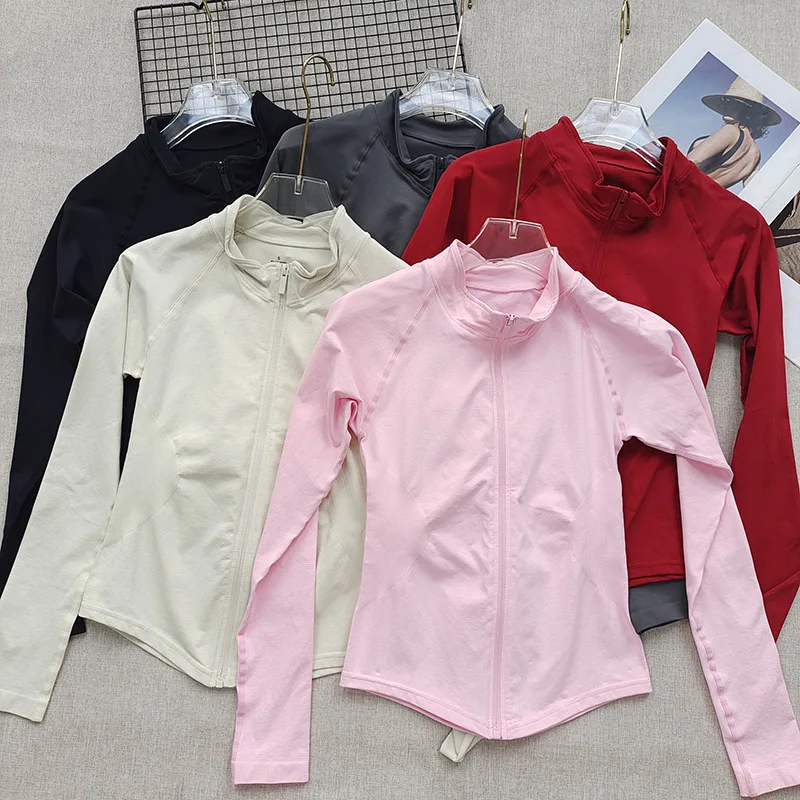 Chaqueta de entrenamiento sin costuras con cuello levantado para mujer - Top de entrenamiento de gimnasia para yoga con cremallera frontal ajustada